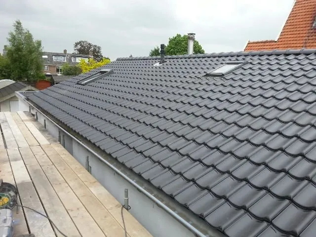 Donker pannendak langs een dakgoot